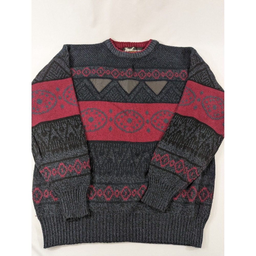 Vintage‎ Impact Sweater Men's XLarge XL Pullover Geometric Leather Trim EUC